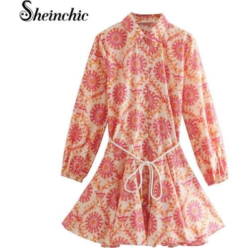 Summer Floral Print Boho Dress Women Long Sleeve Button Pleated Dresses Party Holiday Sashes Dresses Sundress