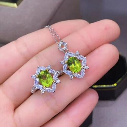 Best Gift Real Natural Peridot Jewelry set 925 sterling silver Natural and Real Peridot 1pc Ring,1pc Pendant