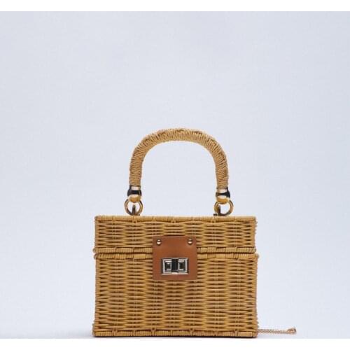 New Box Straw Bag Rattan Shoulder Bag Women Hand-Woven Chain Messenger Bags Summer Beach Square Handbags Vintage Knitted Totes