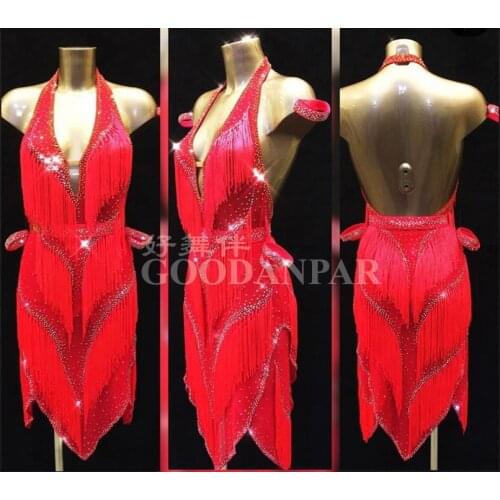 Latin dress fringe Red Latin dance dress competition Latin dance costume good stone Rumba dress Sexy dance dress GOODANPAR