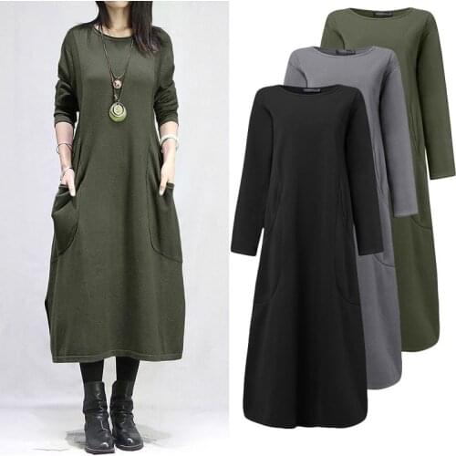 Autumn Winter Sweatshirt Dress ZANZEA Women O Neck Long Sleeve Fleece Dress Casual Solid Loose Vestido Plus Size Sundress Robe