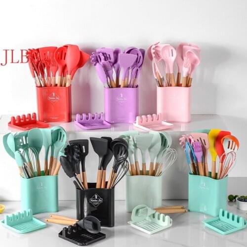 Silicone Cooking Utensils Set Non-Stick Spatula Shovel Wooden Handle Cooking Tools Set With Storage Box Kitchen Tool Accessories