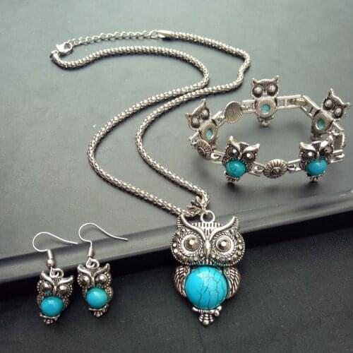 Owl Turquoise Retro Jewelry Sets Pendant Earring Bracelet 925 Silver Necklace Carved Fashion Charm Amulet for Men Women Gifts