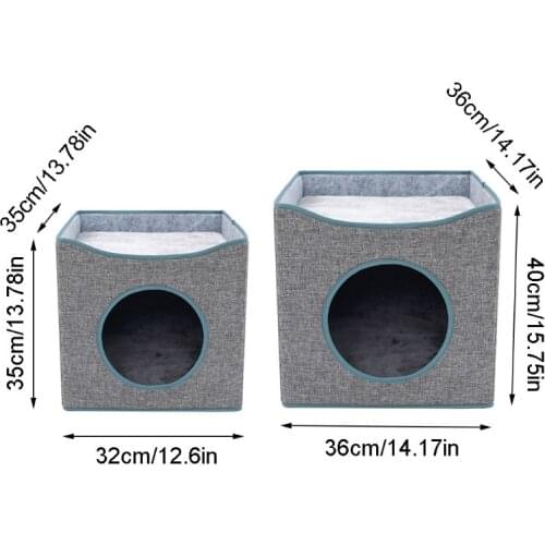 Universal Folding Cat Cube House Grey Double Layer Kitty Nap Bed Condo Pet Anti-scratch Imitation Linen Mat