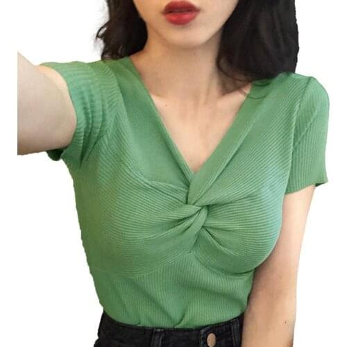 Women Short Sleeve Stretch Knitted T-shirt V-neck Cross Wrap Tops Streetwear