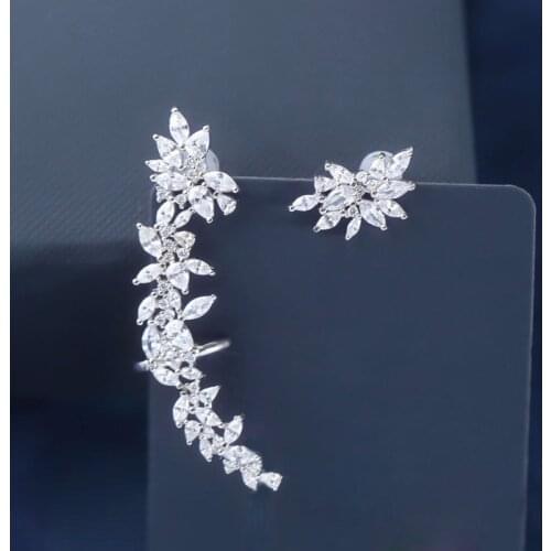 SLJELY Luxury Pure 925 Sterling Silver Shinning Festival Spark Ear Cuff with Stud Women Zircon Asymmetric Earrings Fine Jewelry