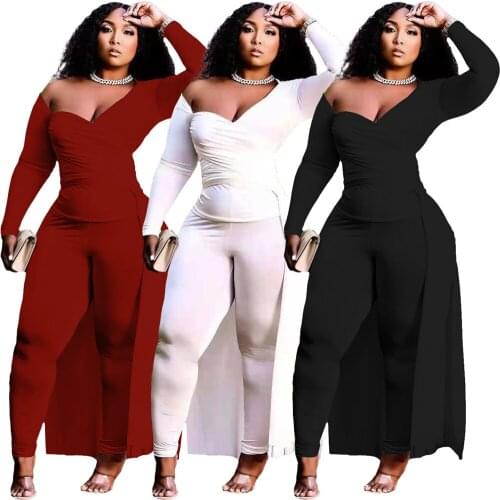 Fall Clothes for Women Two Piece Fashion Pure Color Deep V Neck Coat Cross Fold Long Pendulum Pant Suits Wholesale Dropshipping