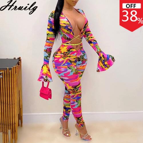 Print Flare Sleeve Rompers Womens Jumpsuit Hollow Out Criss-cross Bandage Jumpsuit Women Summer 2020 Skinny Combinaison Femme