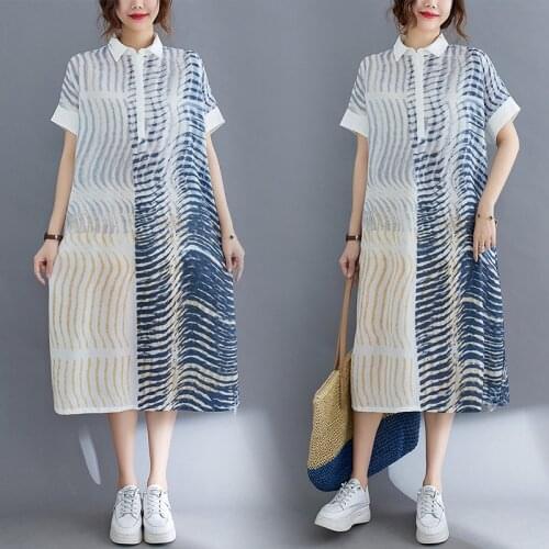 Korea Style striped Print Fashion Blouse Dress 2021 New Arrival Cotton Loose Summer Women Casual Dress Office Lady Work Dress