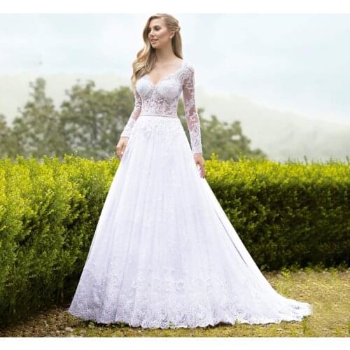 Sheer V-neck Long Sleeves with Lace Applique Pure White Wedding Dress A-line vestidos de noiva princesa Bridal Gown