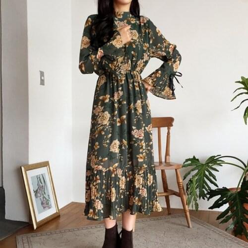 Mozuleva Vintage Floral Print Flare Sleeve Slim Waist A-line Dress Women Summer Autumn Stand Collar Female Long Dresses 2019