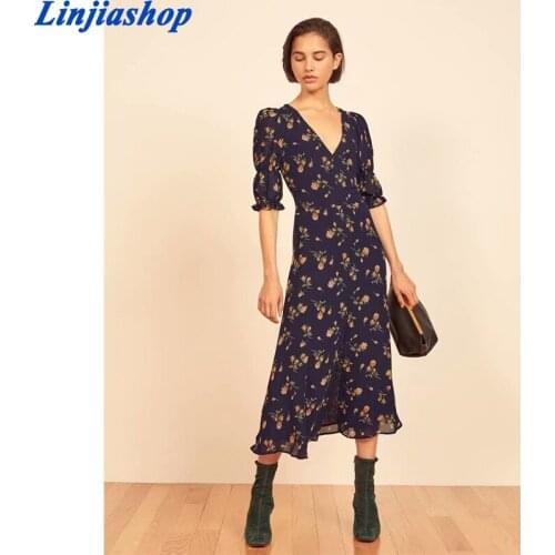 Vintage Prairie Chic Floral Print Dress Women V Neck Puff Sleeve A-line Sexy Slits Summer Dress Elegant robe Femme