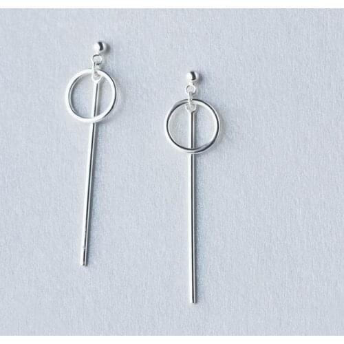 1Pair REAL. 925 Sterling Silver Jewelry Polished Circle & Straight Bar Geometric Long Dangle Earrings Charm with Ball GTLE1482