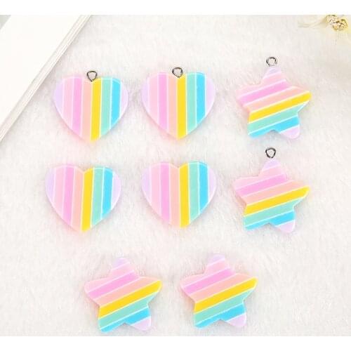 10Pcs Rainbow Charms Resin cabochons Flatback Colorful Striped Star Heart for DIY Jewelry Making Hair Accessories
