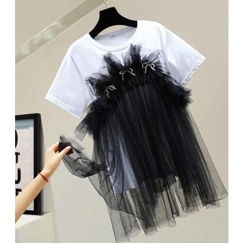 2021 New Patchwork Mesh Ruched T Shirt For Women O Neck Short Sleeve Bowknot Casual T Shirts Female Fashion New Summer Tide