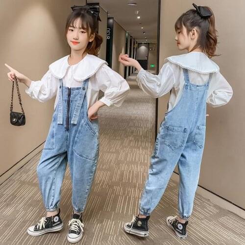 2021 Spring Autumn Toddler Baby Kid Girls Clothes Set Long Sleeve Tops + Denim Pants Overall Romper Children Girl Costumes D540