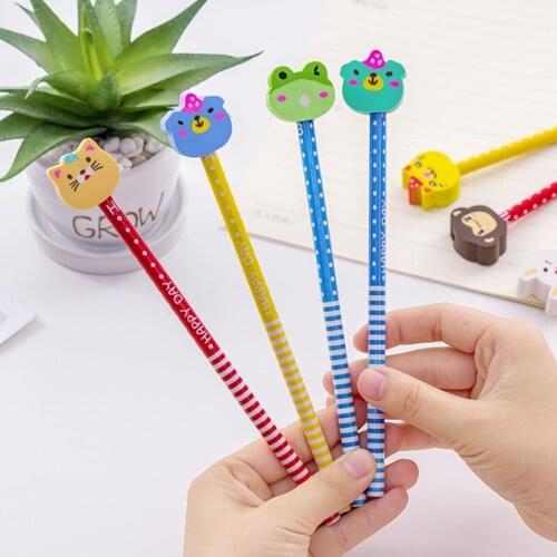 8packs/lot Lovely Cartoon animal head pencil set Christmas HB Wood Pencil With Eraser Kids Gift Pens School Stationery