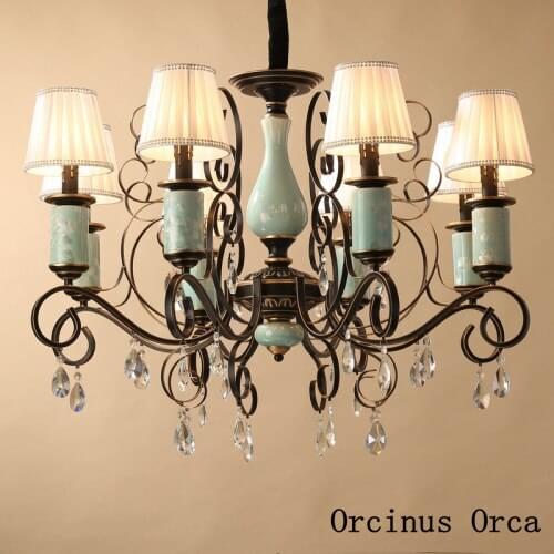 American luxury blue ceramic chandelier living room dining room bedroom European retro creative LED Crystal Chandelier