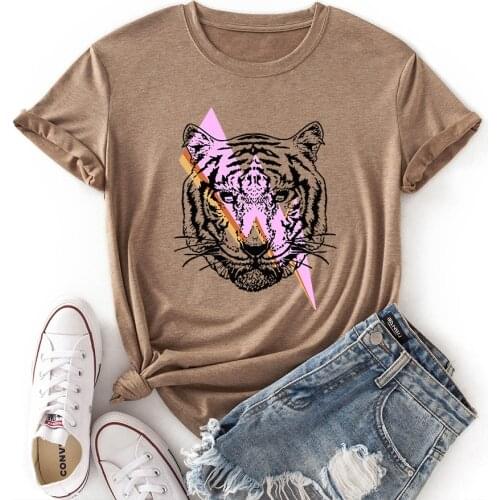 New Summer Women Tops Cartoon Tiger Graphic Printed T Shirt Fashion Round Neck Woman Clothing Short Sleeve Cotton Tshirts Tees