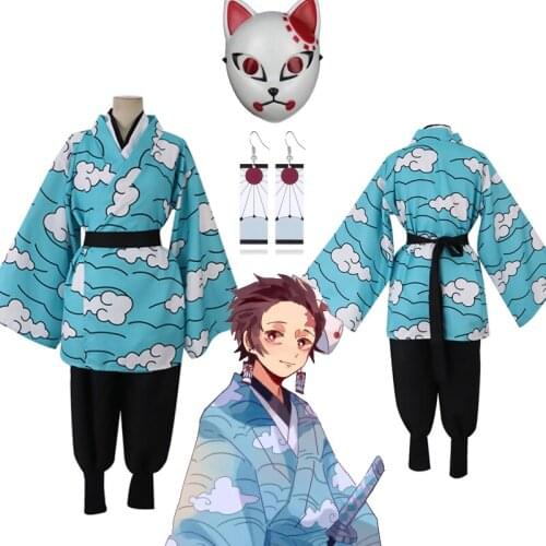 Demon Slayer Kamado Tanjirou Cosplay Costume Kimetsu no Yaiba Urokodaki Sakonji Sky Kimono Pants Uniform Full Set Helloween