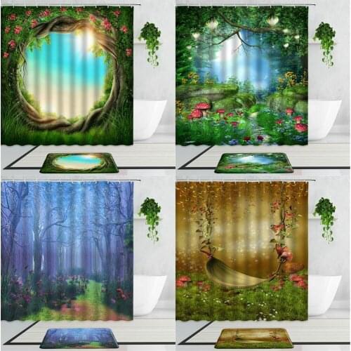 Dream Forest Tree Rattan Door Bathroom Shower Curtains Set Beautiful Flowers Jungle Home Decor Non-Slip Bath Mats Carpet Curtain