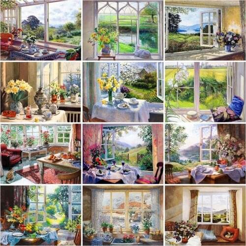 MomoArt 5D DIY Diamond Painting Window New Arrival Diamond Embroidery Landscape Diamond Mosaic Flower Home Decor Gift