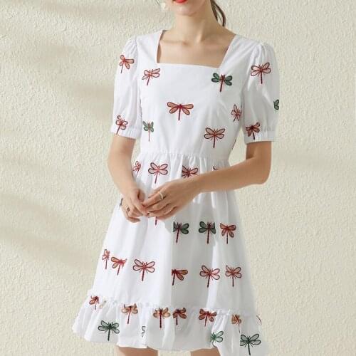 New Women Animal Embroidery Dress Fashion Square Collar Ruffles Dresses D4527