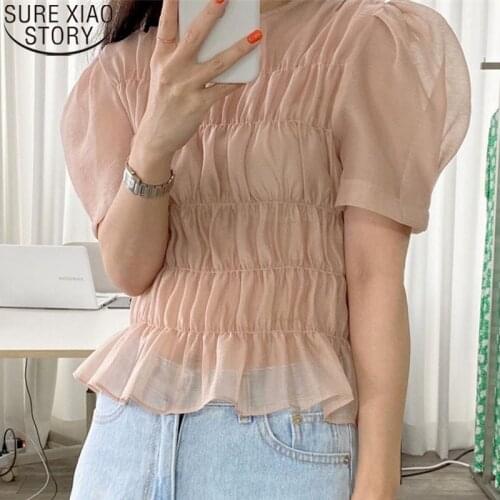 Sexy Blouse 2021 Summer Womens Blouse Plus Size Korean Ins Vitality Girl Age Reduction Transparent Wild Short-sleeve Tops 14093