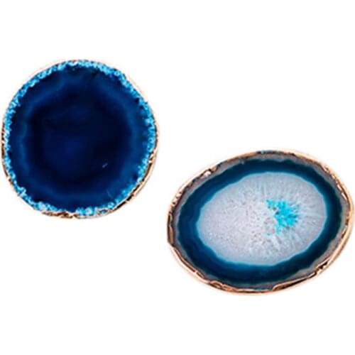 2Pcs Agate Slice Blue Agate Coaster Teacup Tray Decorative Design Stone Coaster Gold Edges Home Decor Gemstone Coaster CNIM Hot
