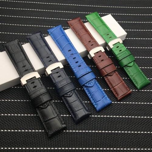 Top quality 24mm Italy Genuine bamboo Leather Green Black Blue Brown watch band with Butterfly Buckle For Panerai strap tools