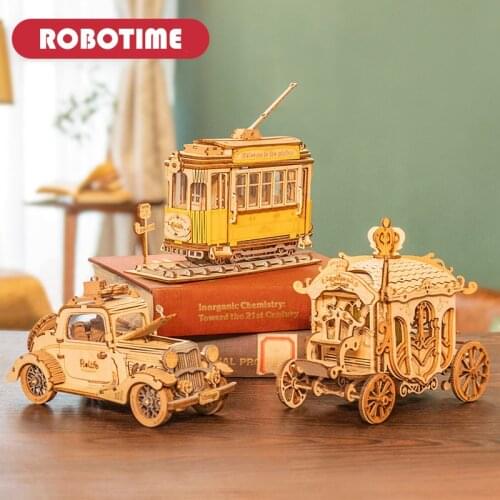 ROBOTIME Retro Vintage Car 3D DIY Wooden Puzzle Assembled Retro Tram Model Building Block Toys For Friend Birthday Gift