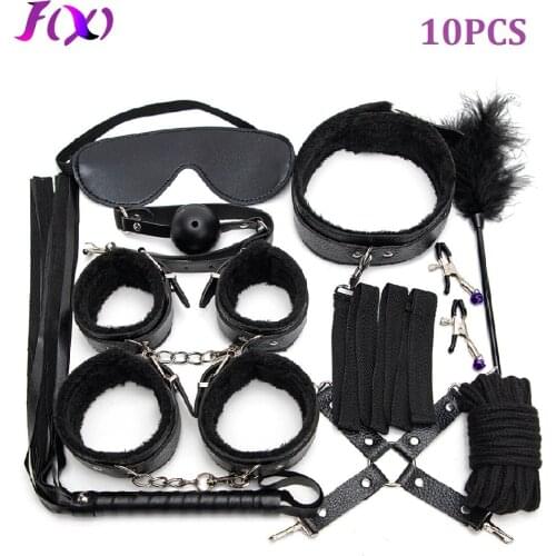 Sexy Leather BDSM Kits Plush Sex Bondage Set Handcuffs Sex Games Whip Gag Nipple Clamps Sex Toys For Couples Exotic Accessories