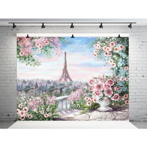 5x7FT VinylBDS Eiffel Tower Photography Backdrops Custom Made Pink Flower Backgrounds For Photo Studio Children Backdrops