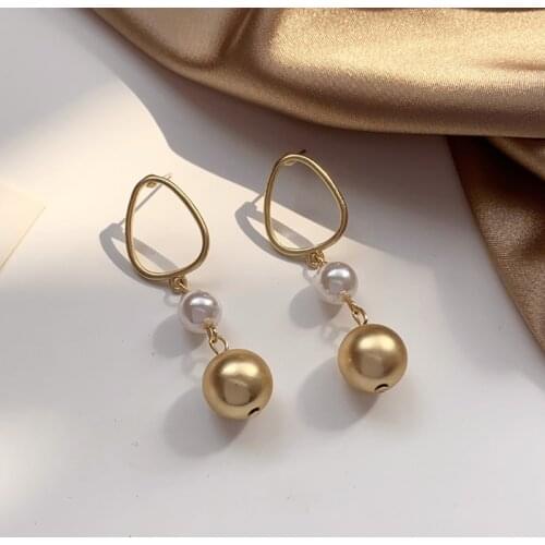 Vintage Gold Color Geometric Ball Pearl Dangle Drop Earrings For Women Fashion Pendant Earring Wedding Female Korean Jewelry