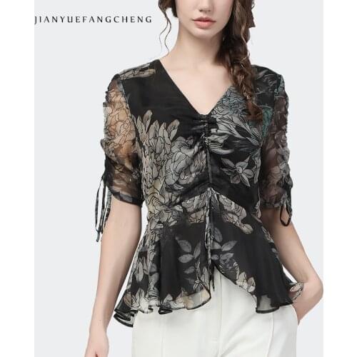Fashion Floral Chiffon Blouse Summer Women Half Sleeve V-Neck Short Tops Drawstring Design High Waist Draped Elegant Slim Blouse