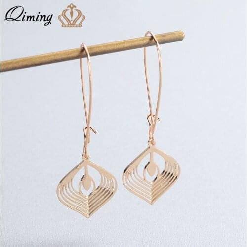 QIMING Geometric Ethnic Long Earrings For Women Fashion Design Stainless Steel Dangle Drop Earring Statement Jewelry