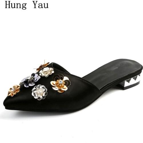Women Sandals Flips Flops Bling Flower Pointed Toe 2019 Summer Style Shoes Woman Wedges Fashion Platform Female Slides Ladies