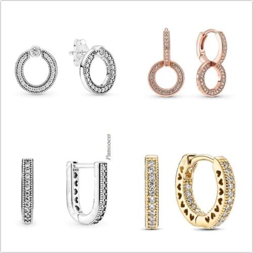 Authentic 925 Sterling Silver Pave & Logo Circle Reversible Stud Earrings For Women Wedding Gift Pandora Jewelry