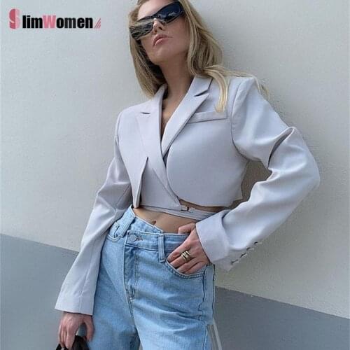 Pink White Double Layer Bandage Slim Blazer Coat Women Long Sleeve Pocket Short Jacket Female Outwear Chic Crop Blazer Tops 2021