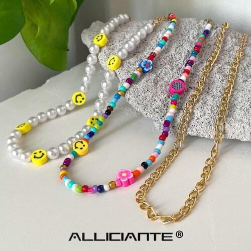 Boho Soft Pottery Fruits Rainbow Beaded Necklace For Women Smile Face Choker Baroque Pearl Metal Chain Necklace Girl Y2K Jewelry