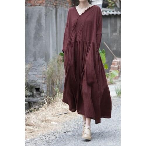 Women Loose Vintage Solid Color V Neck Ripped Dress Ladies Loose Robe Dress Female 2020 Autumn Spring Dresses