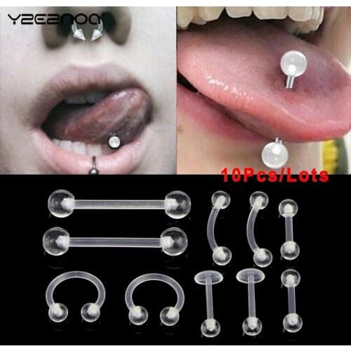 10Pcs/Set Soft Clear Bar Tongue Piercing Tongue Ring Transparent Acrylic Nipple Ring Helix Piercing Sex Jewelry