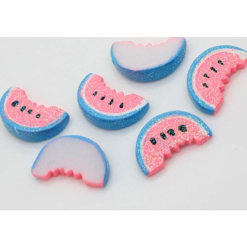 100/50pcs Wholesale Bitten Watermelon Slice Kawaii Glitter Flatback Resin Cabochons 21MM Iridescent Hand Painted For Craft