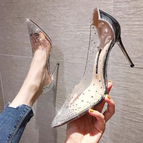 2021 Fashion Golden Rhinestone PVC Transparent Women Pumps Autumn High Heels Sexy Party Wedding shoes Size 40