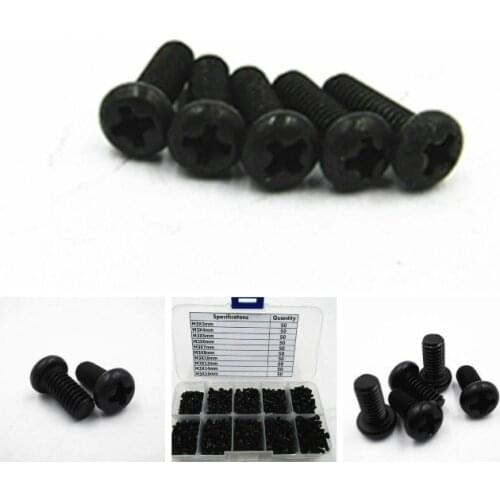 500 pcs Black Carbon Steel Bolt Phillips Cross Recessed Round Pan Head Machine Screw M3 x 3/4/5/6/7/8/10/12/14/16mm