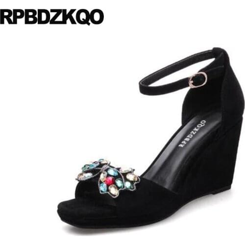 Black Pumps Suede Crystal Peep Toe Ankle Strap Rhinestone High Heels Diamond Women Sandals 2018 Summer Jewel Wedge Shoes Luxury