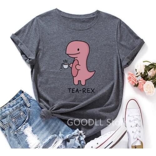 Dinosaur T-rex Graphic Tee Women T Shirt Summer100% Cotton Cartoon Print Short Sleeve O-Neck Casual Female TShirts Tops