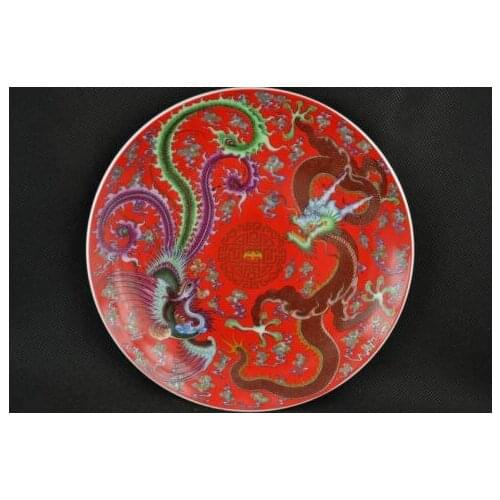 Exquisite Collectibles Old Decorated Handwork Porcelain Drawing Dragon & Phoenix Plate