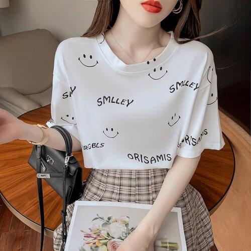 Korean Smiley print Summer Fashion T Shirt Women Tops Loose Short sleeve Women Tshirt Tops Student Tops white t shirts tops