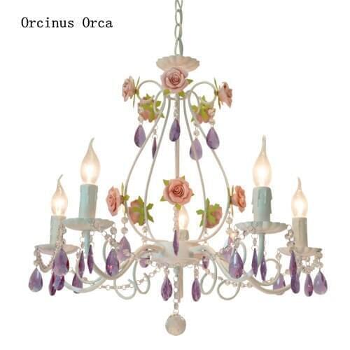 Korean rural color rose chandelier Girl Bedroom Princess room lamp creative romantic purple crystal chandelier